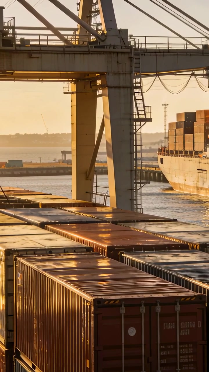 Vertikales Video: Kamera schwenkt nach rechts, enthüllt Container und Kran am Kai und zeigt ein Schiff.