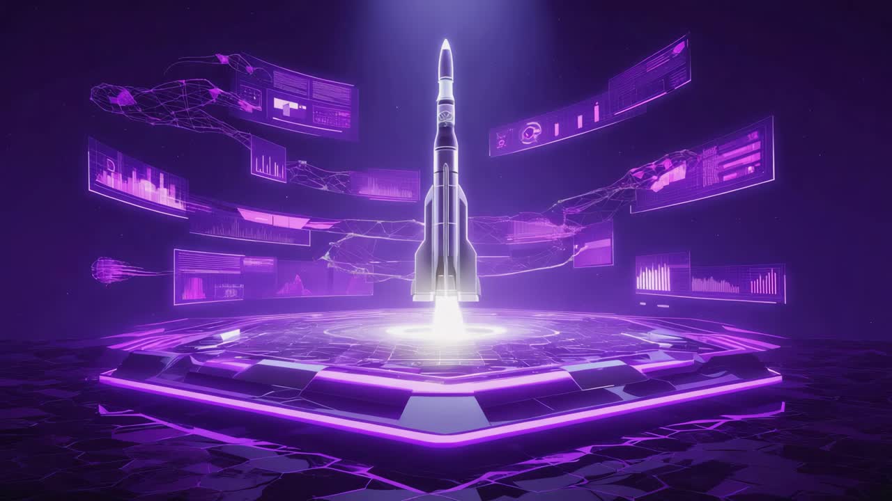 Futuristic Rocket Launch with Holographic Data Displays