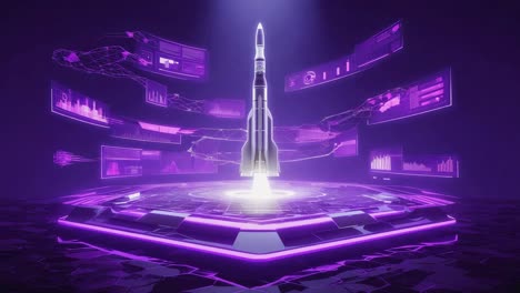 futuristic rocket launch with holographic data displays