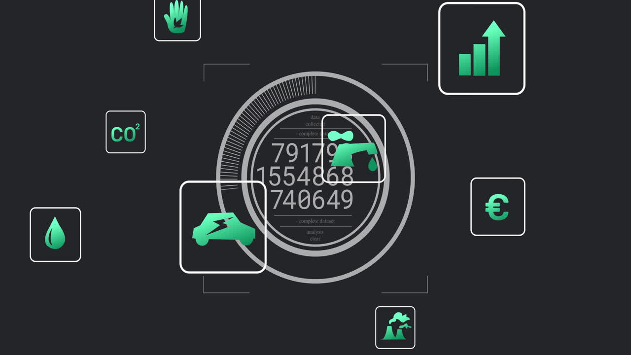 Central dashboard animating spinning data rings, featuring orbiting CO?, water drop, EV, euro icons