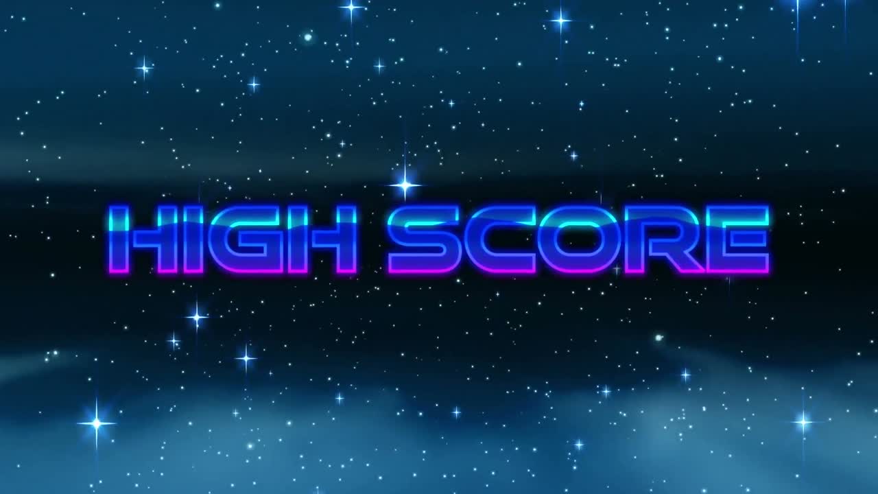 별과 빛의 반점 위에 파란색 금속 문자로 높은 점수 텍스트의 애니메이션