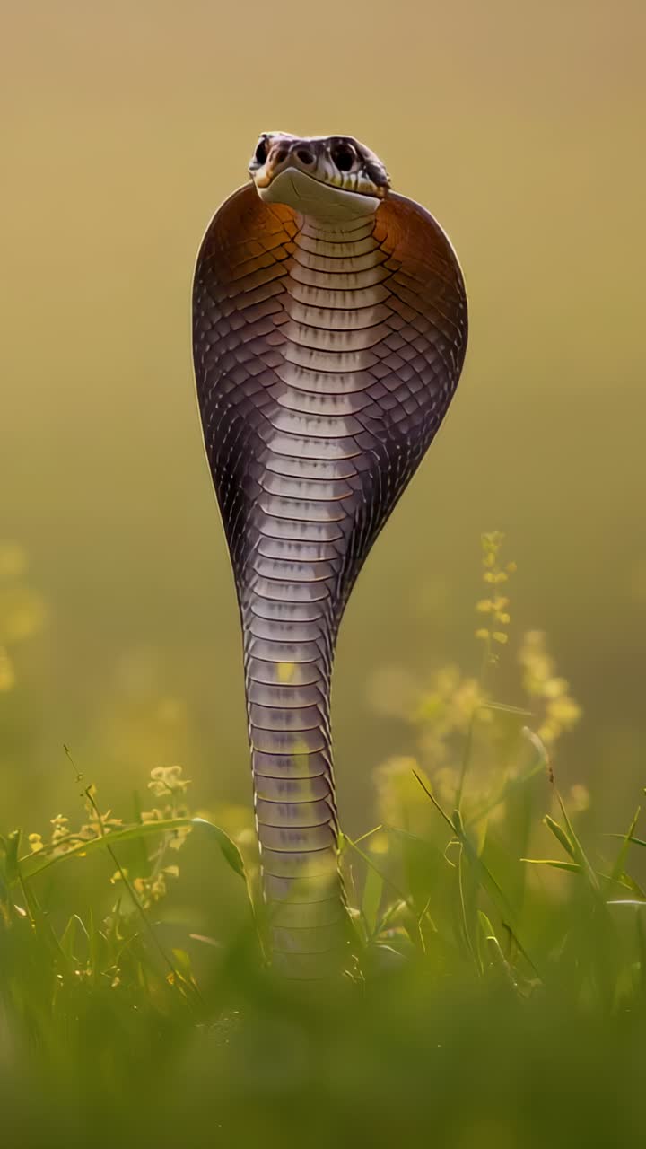 Video verticale: un serpente incappucciato che percepisce una minaccia si solleva e allarga il cappuccio nell'erba con fiori gialli