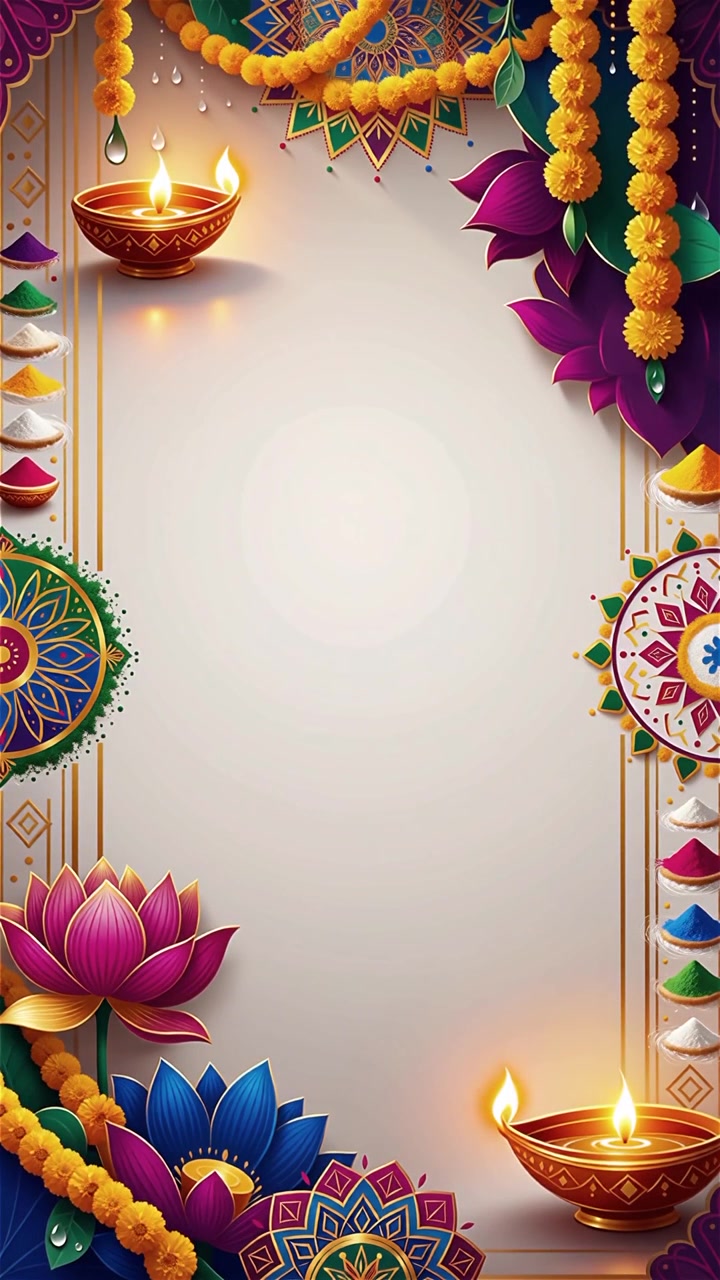 Sfondo Diwali con Diyas luminosi, Rangoli e fiori di loto