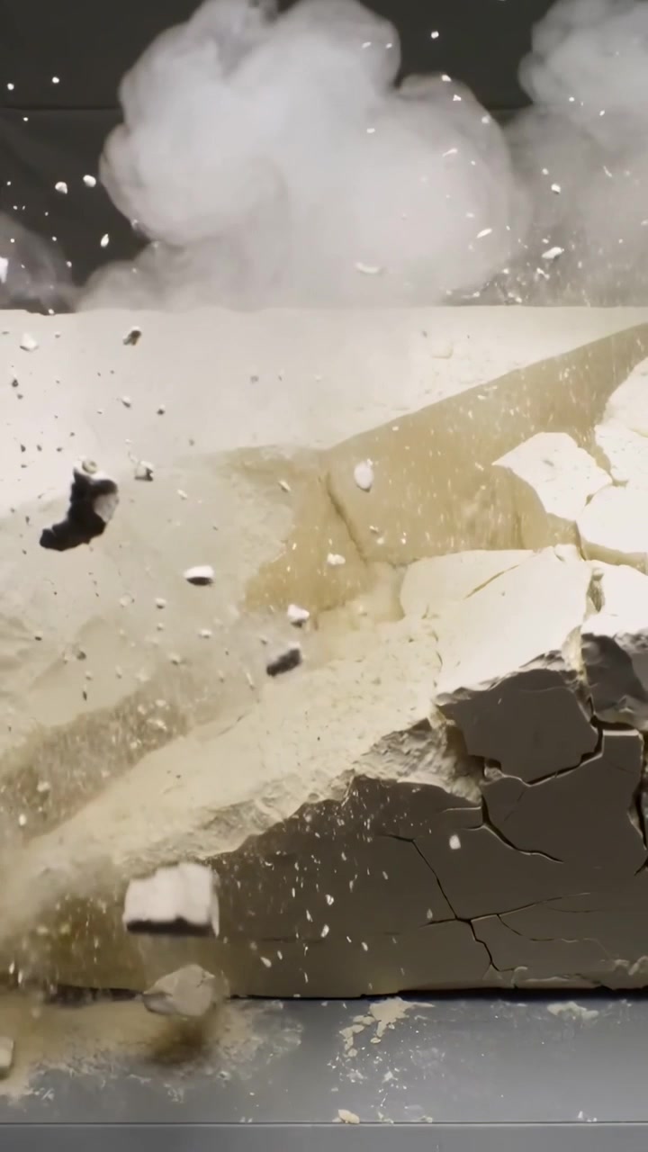 Vertical video: Impacting pale rectangular block on bench, ejecting dust cloud for brittleness test