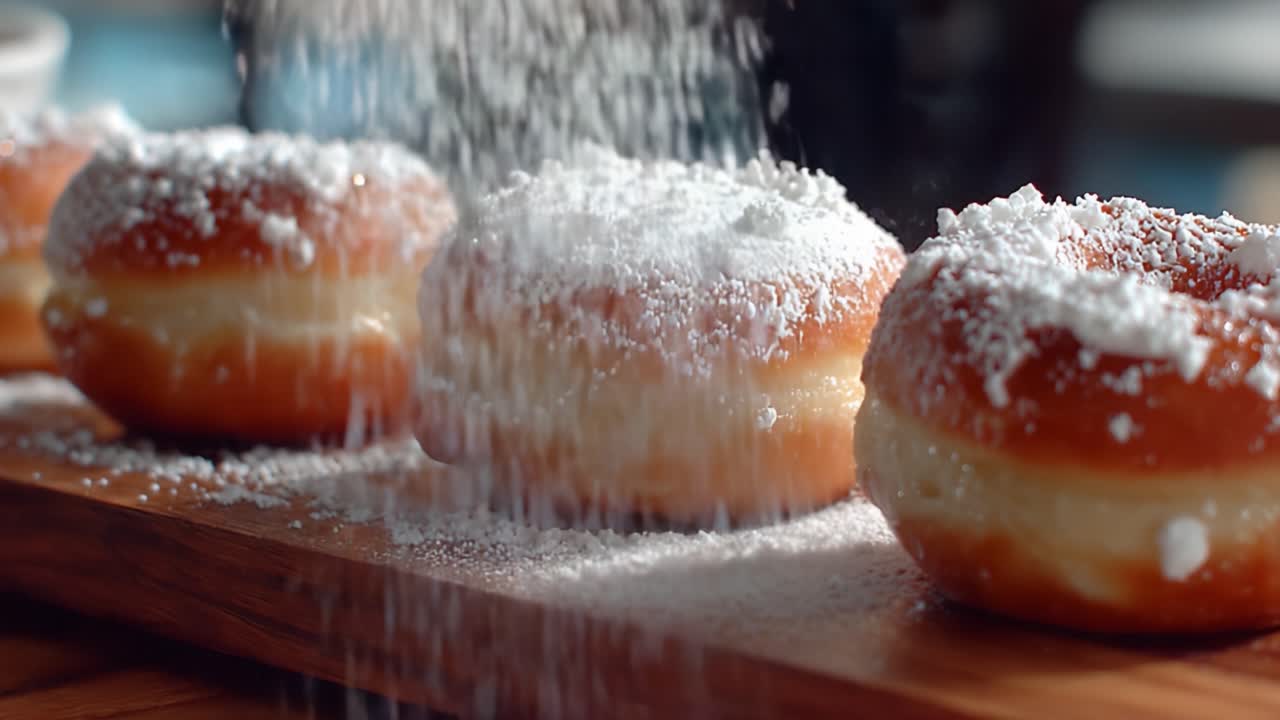 Ciambelle Dolci Deliziosamente Spolverate di Zucchero: Una Sequenza Appetitosa Che Mostra Dolcetti Ripieni di Crema Ricoperti di Zucchero a Velo su un Tagliere di Legno
