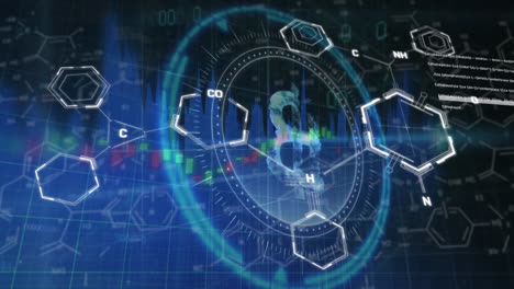 animation of chemical structures and bitcoin symbol over round scanner and data processing