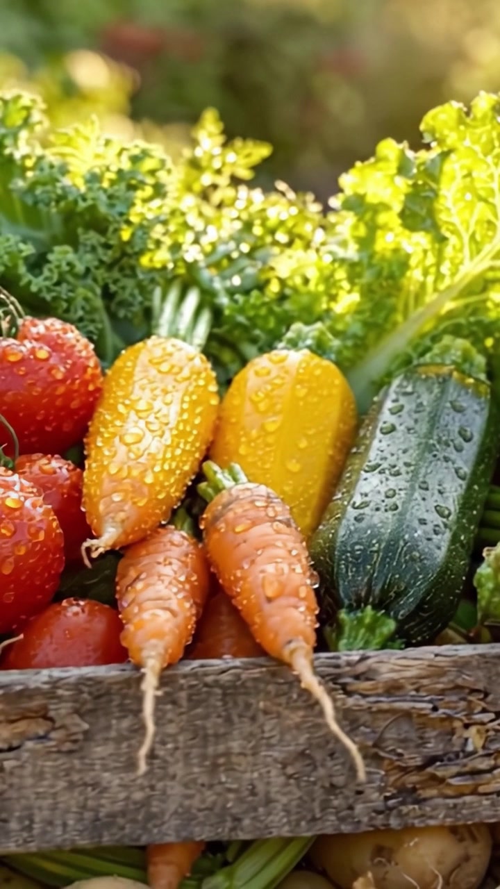 Cosecha vibrante: Una abundancia de verduras frescas cubiertas de rocío matutino, mostrando la riqueza de las delicias del jardín natural en una cesta de madera rústica