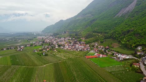 Drone captures the village of Burgstall wrapped by blooming apple fields and vineyards, sitting at the base of the towering green mountain slopes of Alto Adige under a cloudy spring sky.