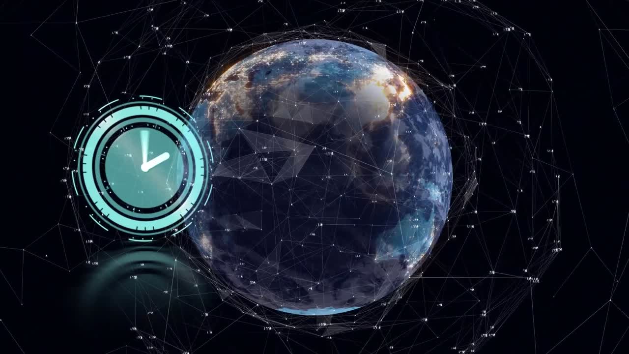 전 세계에 대한 시계와 연결 네트워크의 애니메이션