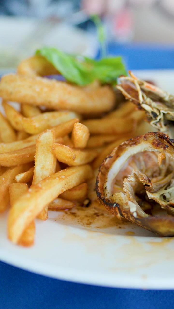 Camera pans across grilled lobster, prawns, fries, and lemon garnish on a restaurant plate