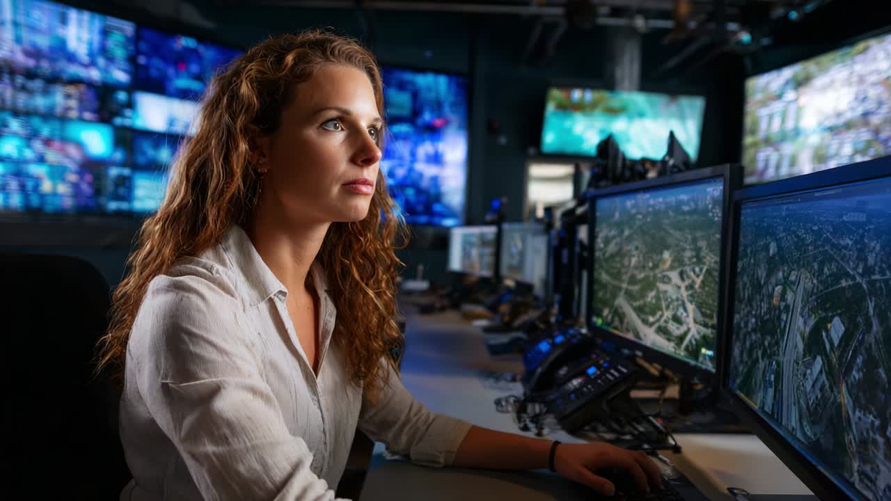 Focused Analyst Engaged in Data Analysis at a High-Tech Control Center Surrounded by Multiple Screens Displaying Critical Information and Geographical Data, Exemplifying Modern Surveillance and Monitoring Techniques