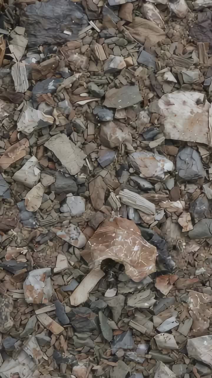 Vídeo vertical: câmera panorâmica à direita no chão sobre conchas, revelando boné marrom e pedras para textura