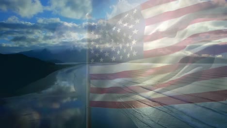 digital composition of waving us flag against aerial view of sea waves