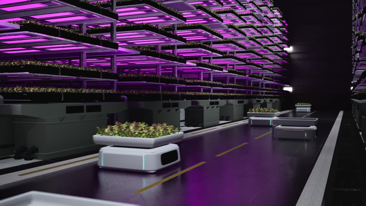 Autonomous Robots Transporting Green Leafy Organic Vegetables At Vertical Farm. Automated Warehouse With Hydroponics System
