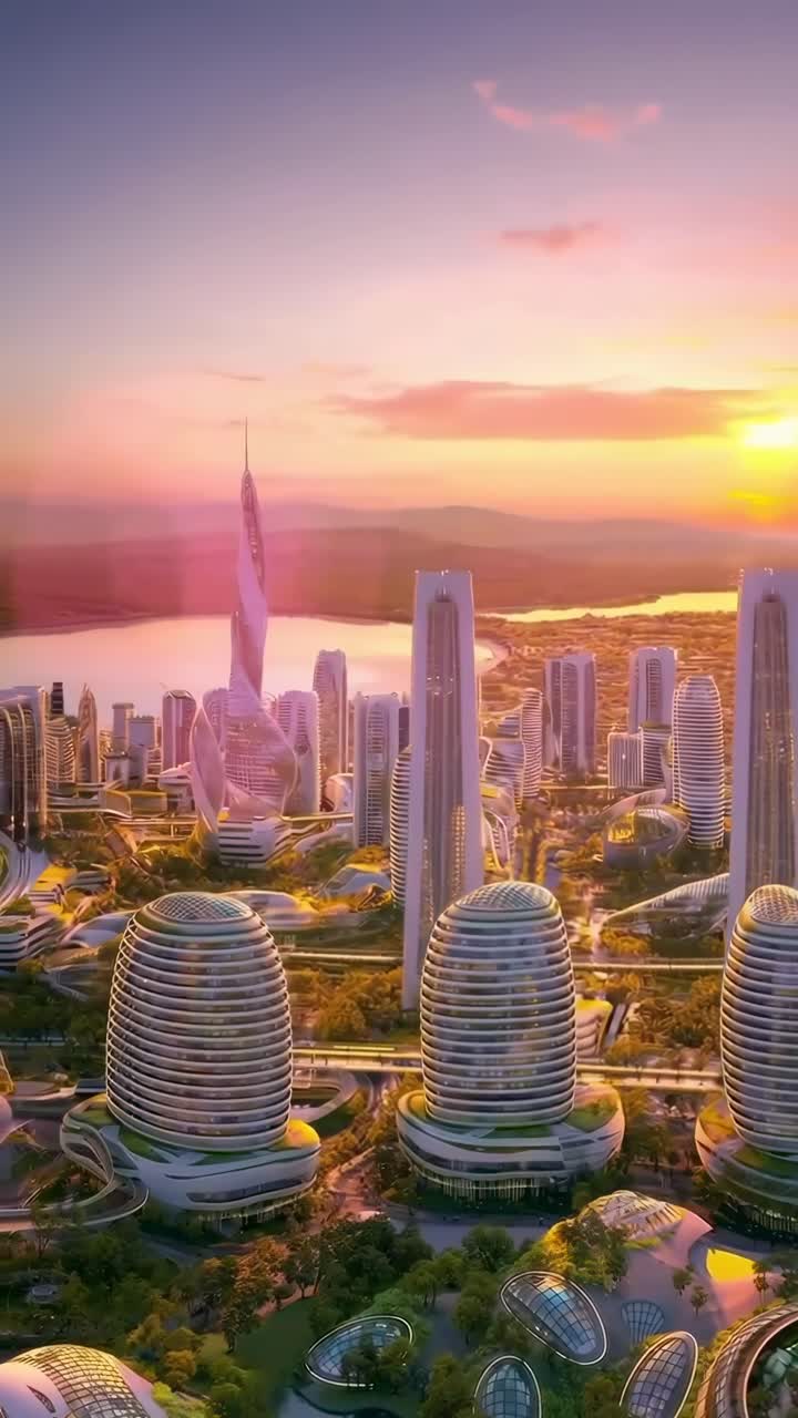 Futuristické panorama města při západu slunce, letecký pohled. Elegantní architektura, ideální jako video pozadí.