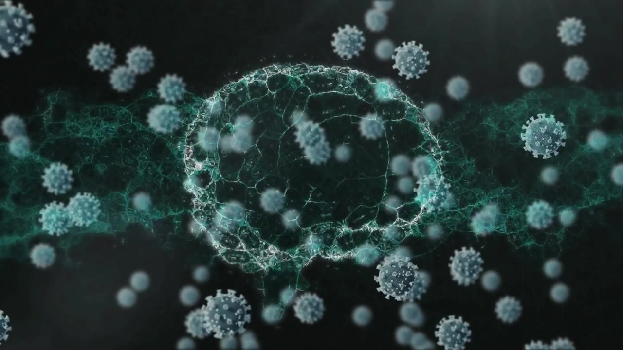 Animation af COVID-19-celler, der flyver over en menneskehjerne og en DNA-streng på sort baggrund.