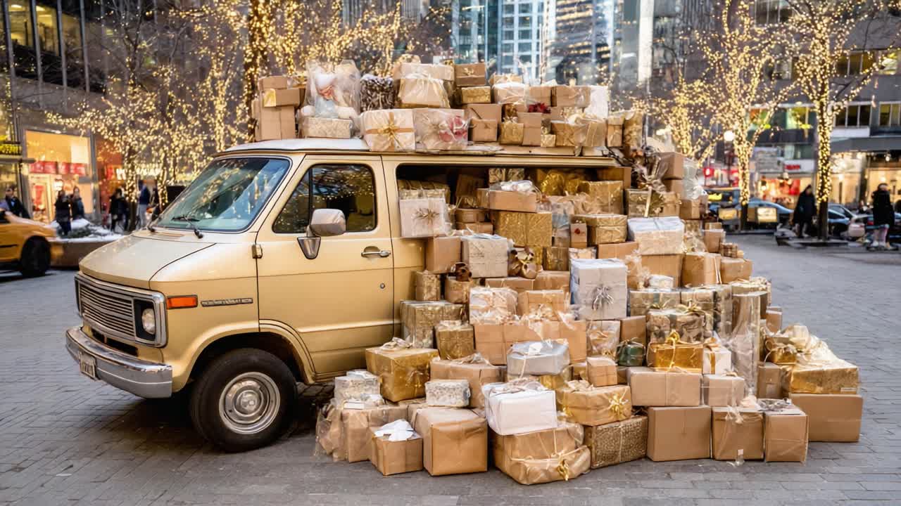 A Festively Decorated Van Overflowing with Gift Boxes Showcasing Holiday Spirit Amidst a Twinkling Cityscape of Lights and Cheerful Atmosphere