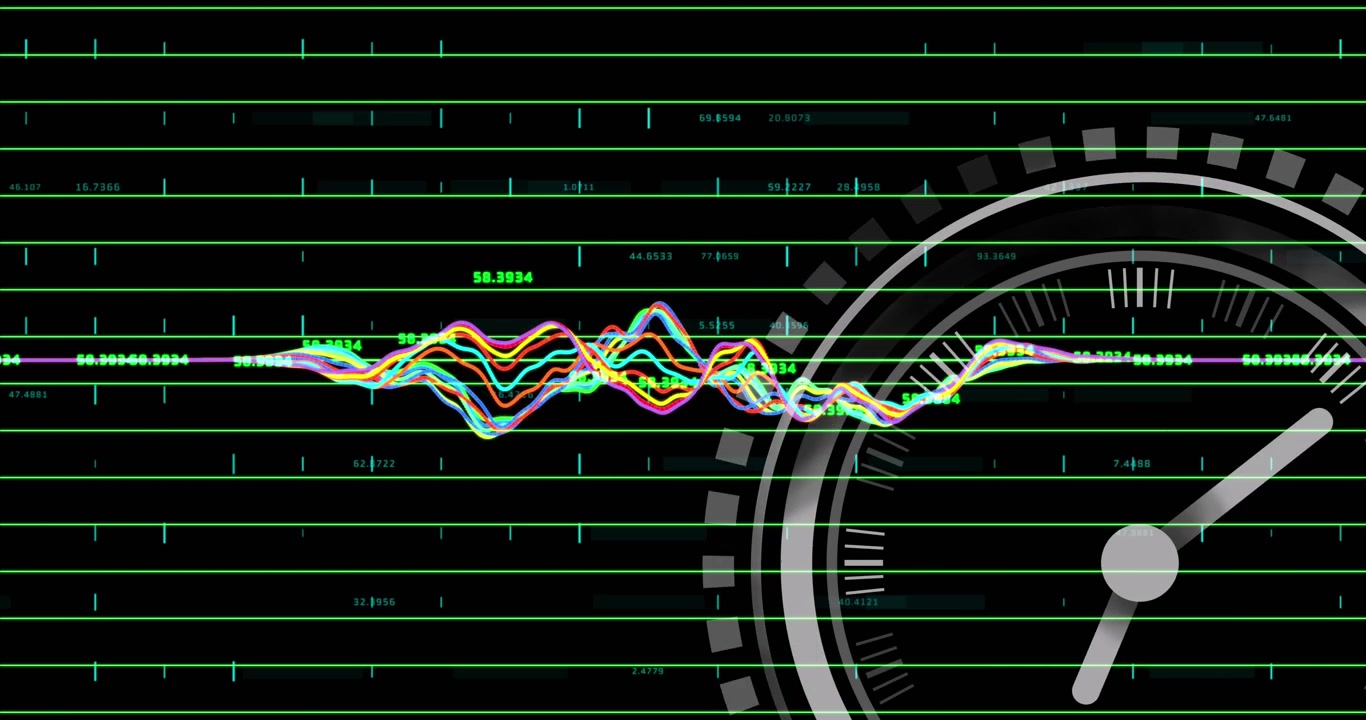 Animation of ticking clock over data processing against black background