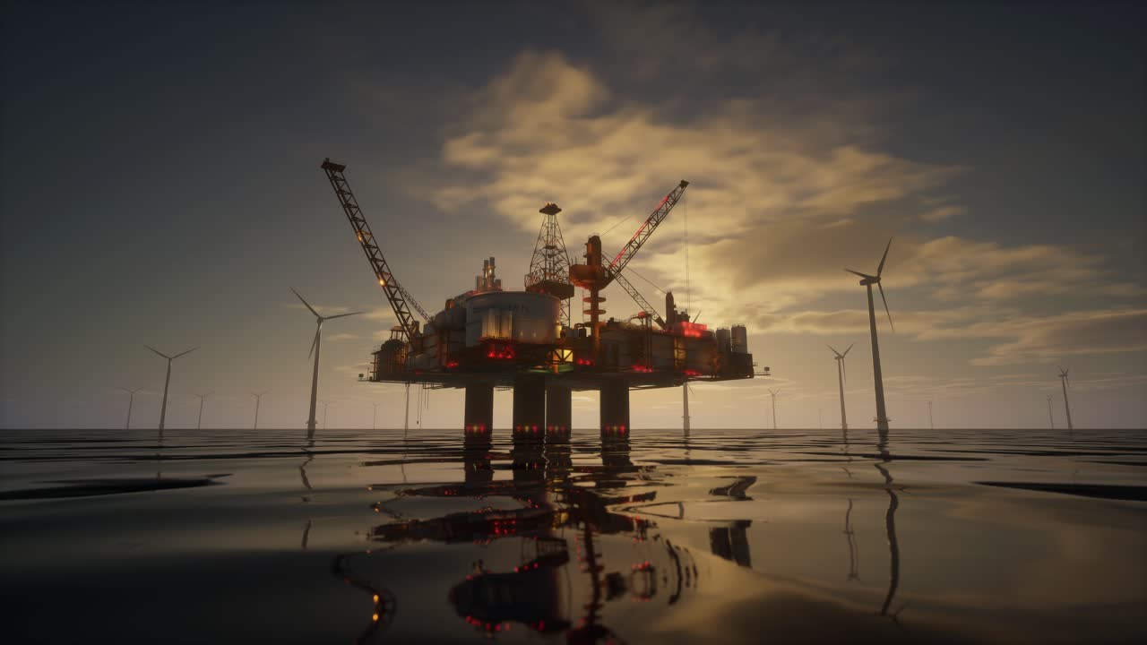Offshore Oil Rig And Wind Turbines At Sunset, Energy Transition