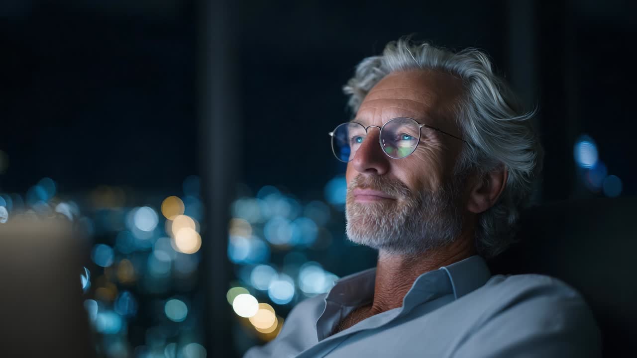 Um homem contemplativo de cabelos grisalhos é visto desfrutando de um momento de paz em frente a um laptop, iluminado pelo brilho suave das luzes da cidade à noite, demonstrando um foco sereno em seus pensamentos e arredores