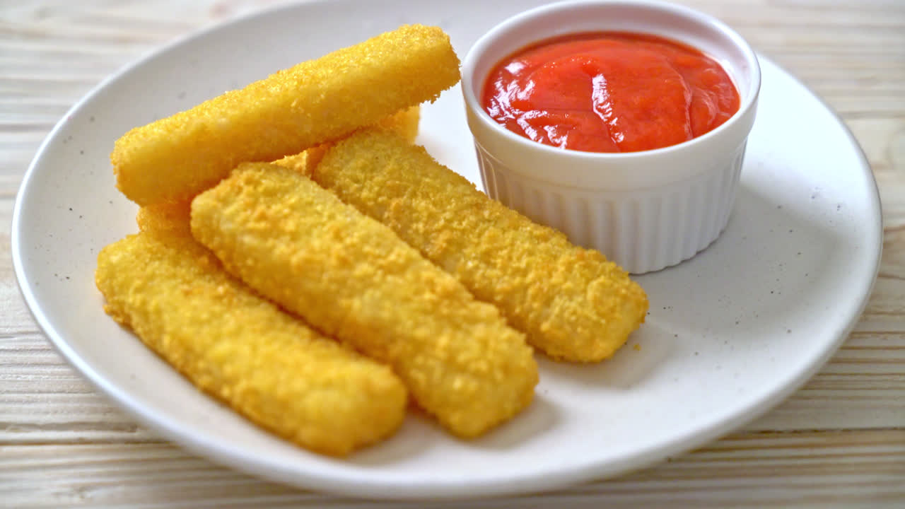 palitos de pescado fritos crujientes con ketchup