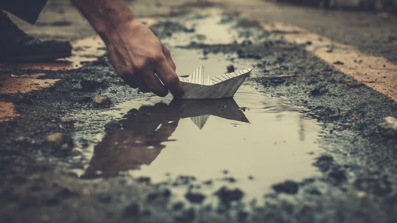 A solitary paper boat floats on a puddle, capturing the reflection of the surroundings while an outstretched hand gently sets it free amidst the muted landscape