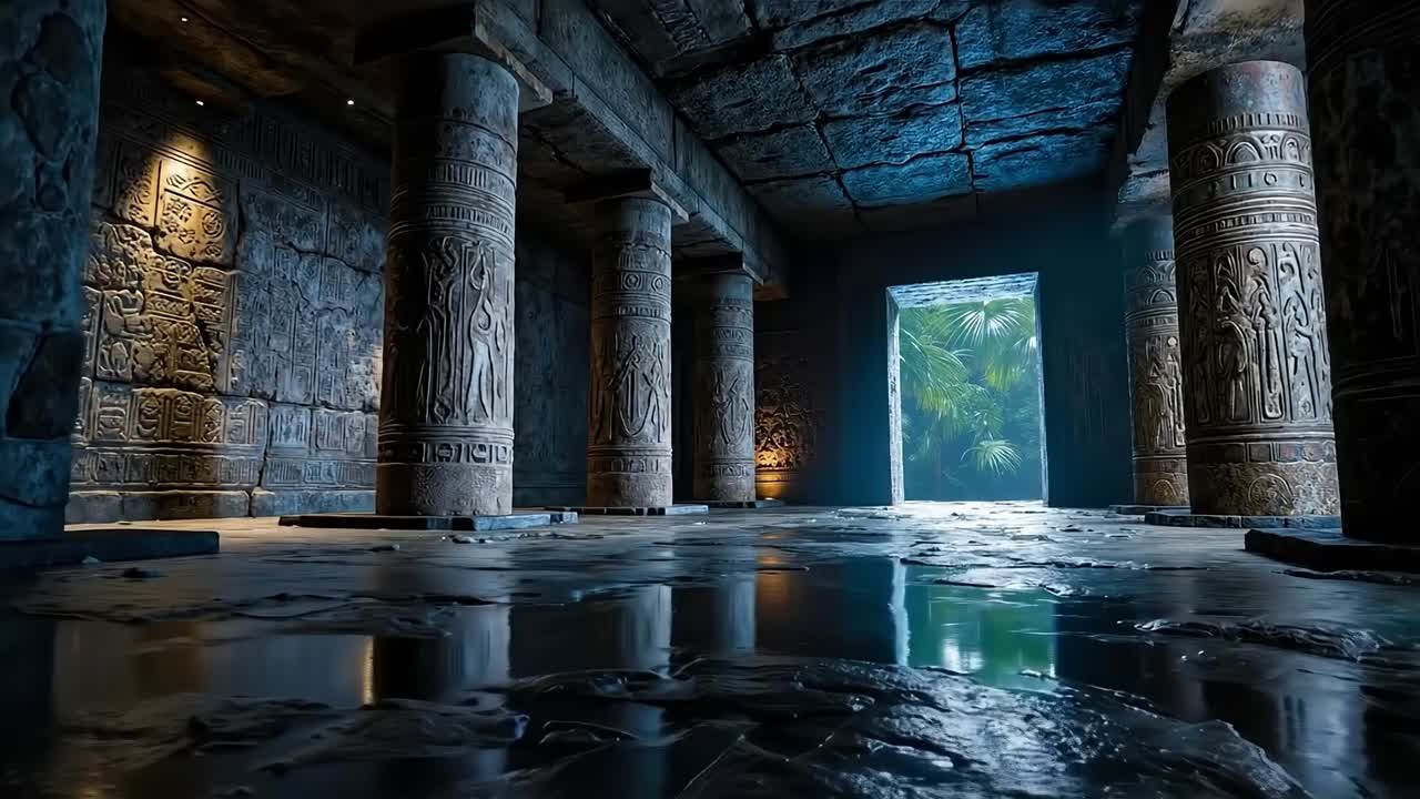 A room with columns and a pool of water in it