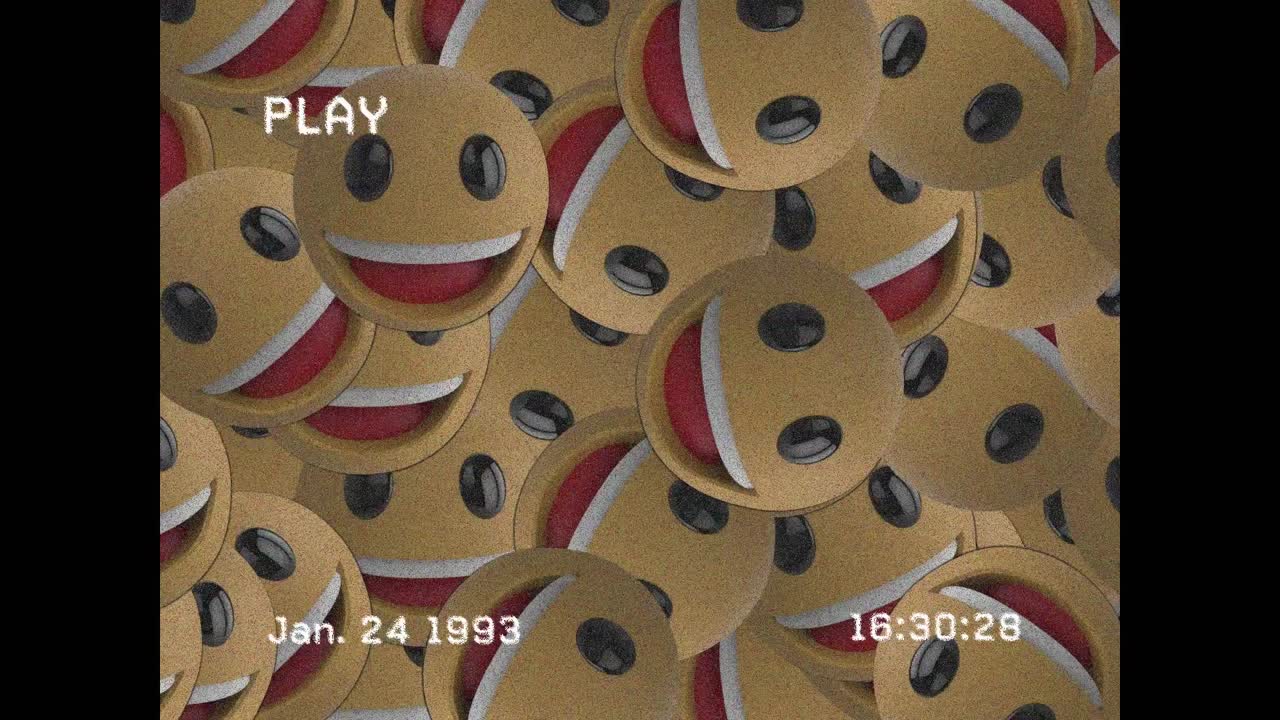 다수의 미소 짓는 이모티콘이 검은색 배경에 떨어지는 vhs 장애 효과의 디지털 애니메이션