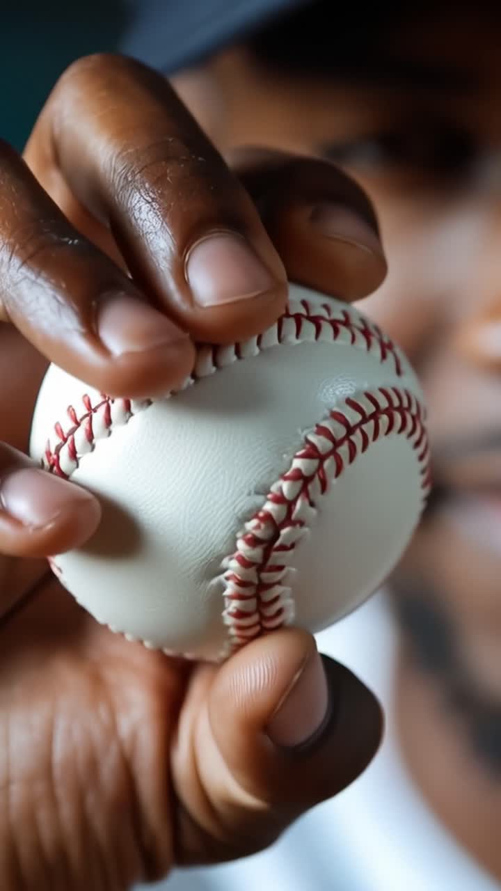 Primo piano di una mano che tiene delicatamente una palla da baseball. La punta delle dita tocca delicatamente le cuciture. Il viso è sfocato dietro, ma gli occhi incontrano la fotocamera. Sguardo fermo, concentrato e sicuro. Ideale per sport, allenamento.