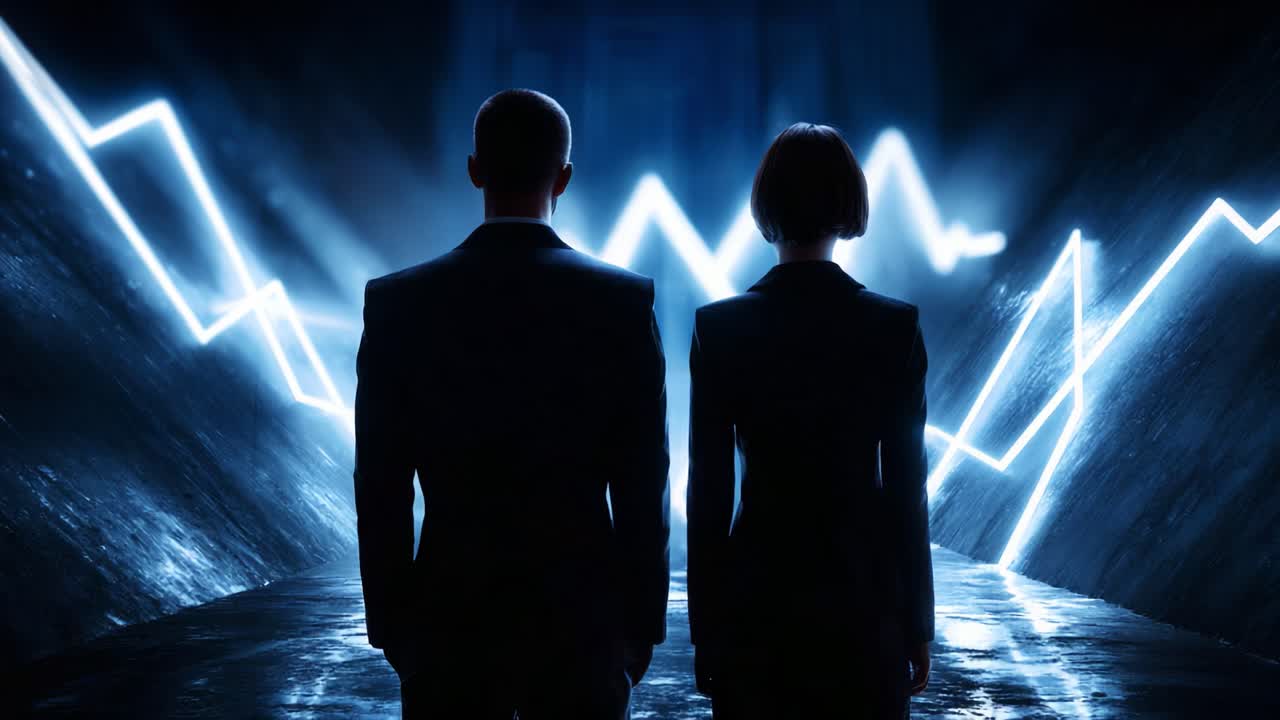 A Profound Encounter: Two Silhouetted Figures Stand Against a Backdrop of Dynamic Graphs, Symbolizing Growth, Challenge, and the Pursuit of Ambition in a Darkened Urban Environment