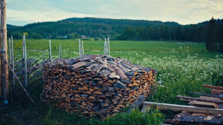 Holz Hausen Firewood Stack - Scandinavian Method Of Stacking Firewood Outdoors. Handheld Shot