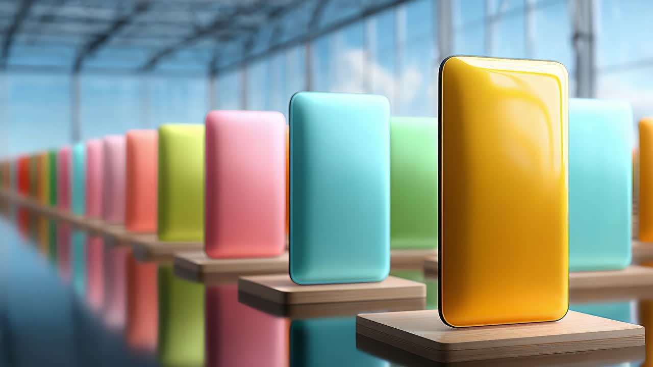 A Stunning Display of Colorful Smartphone Models Showcased on Wooden Stands Against a Bright Modern Background, Highlighting their Sleek Designs and Innovative Features