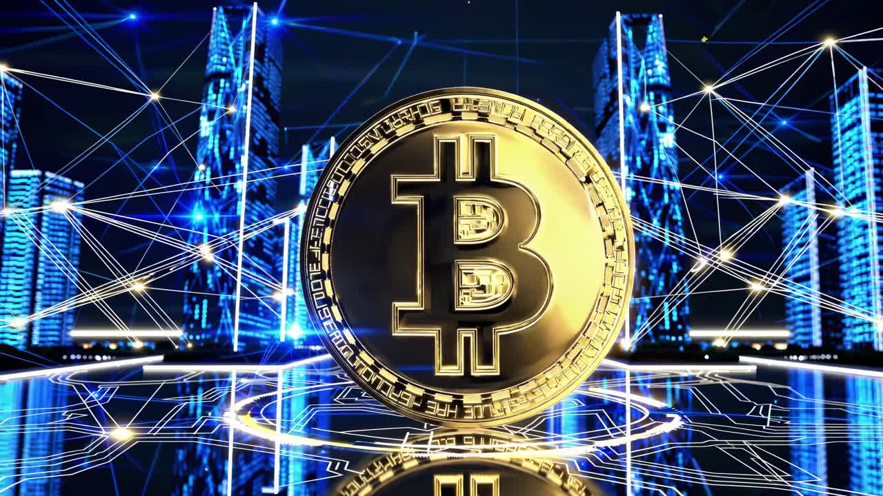 Gold bitcoin rotating on platform with futuristic city skyline and network connections in the background, cryptocurrency and blockchain technology concept