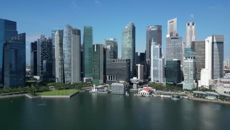 urban city skyline of downtown waterfront skyscrapers, aerial