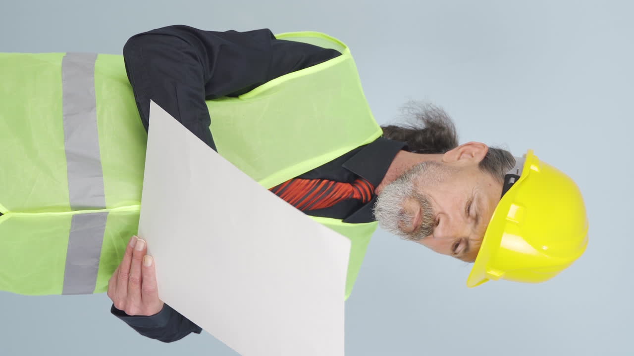 작업과 관련된 계산을 하는  ⁇ 은 엔지니어의 수직 비디오입니다.