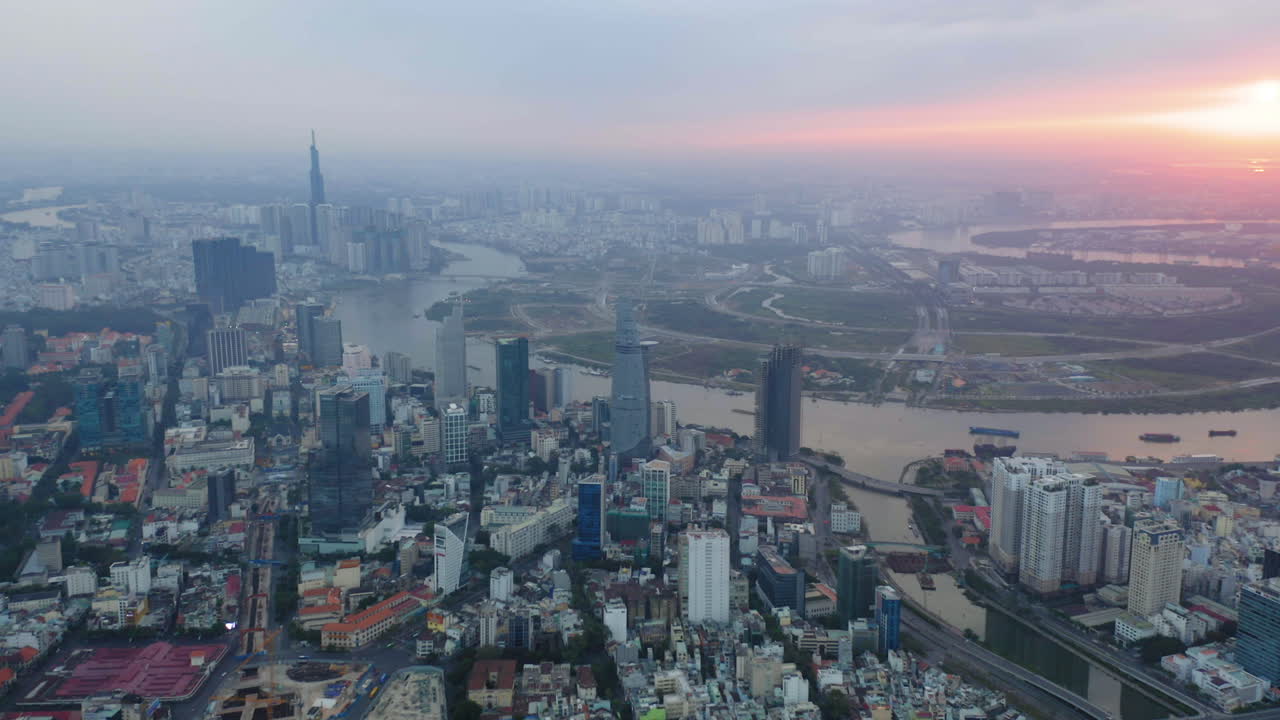 Aerial view of Ho Chi Minh, high view to downtown and Saigon river