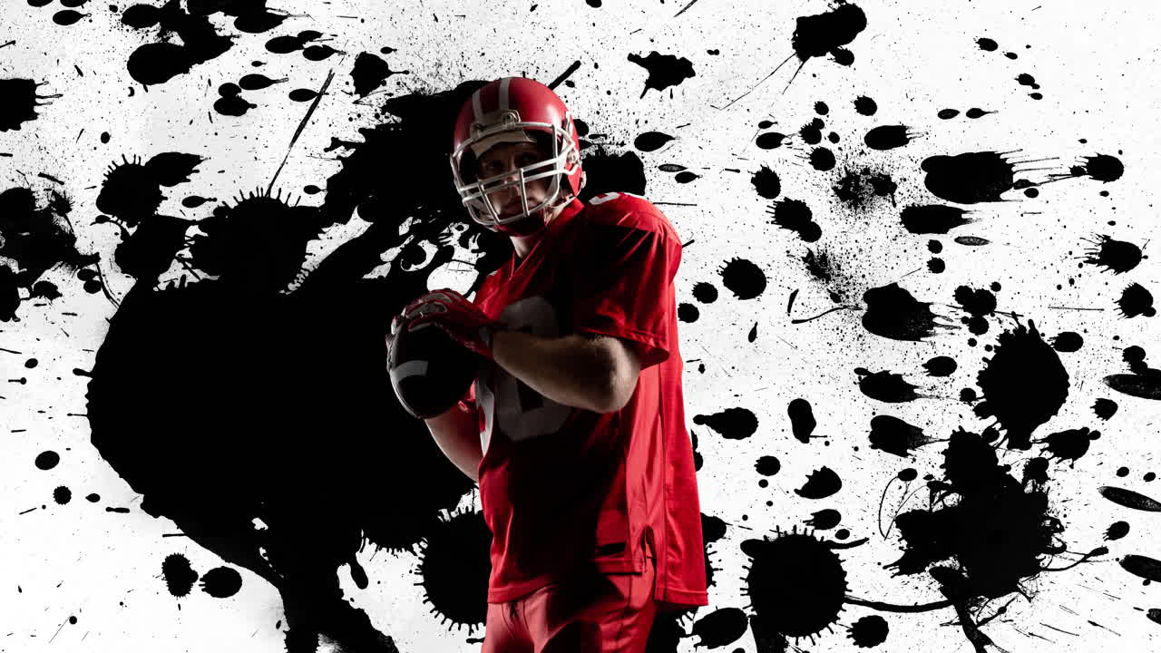 Animazione di un giocatore di football americano che tiene la palla su uno sfondo astratto dipinto in bianco e nero