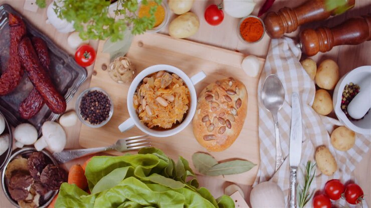 Cibo fresco in tazza accanto a pane con semi di zucca 2