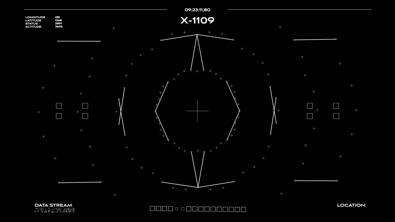High-tech drone navigation interface featuring telemetry data, altitude readings, and a central hexagonal targeting reticle. Ideal for aerial reconnaissance or military sci-fi sequences.
