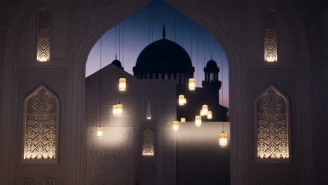 illuminated mosque interior with hanging lanterns at twilight