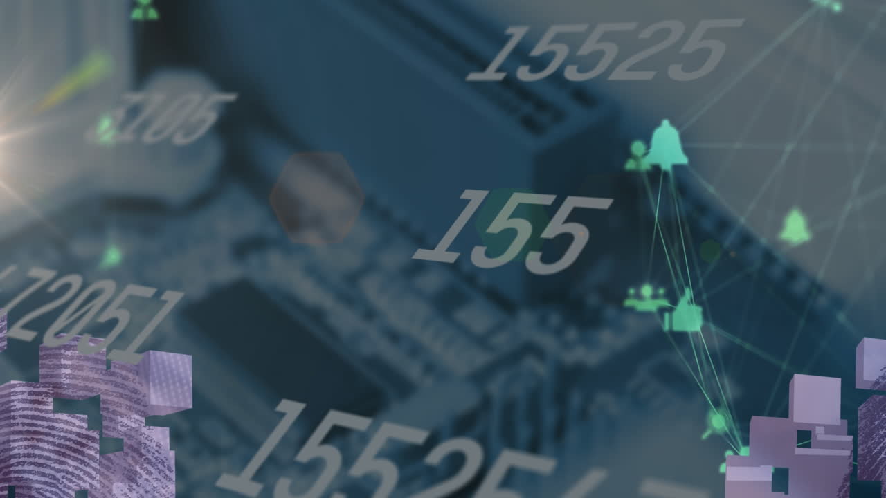 animación de números cambiantes y globo de iconos digitales contra el primer plano de un servidor de computadora.