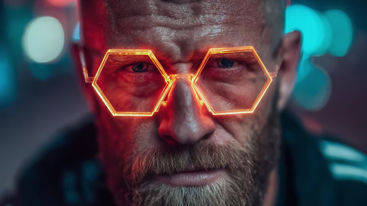 Intense Portrait of a Bearded Man Wearing Unique Neon Hexagonal Glasses in a Vividly Colored Urban Environment Captures a Futuristic and Edgy Aesthetic