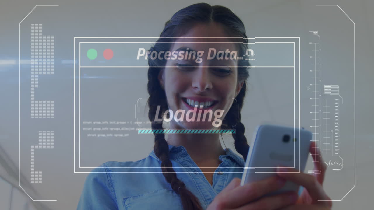 Animation of data processing on screen over woman using smartphone