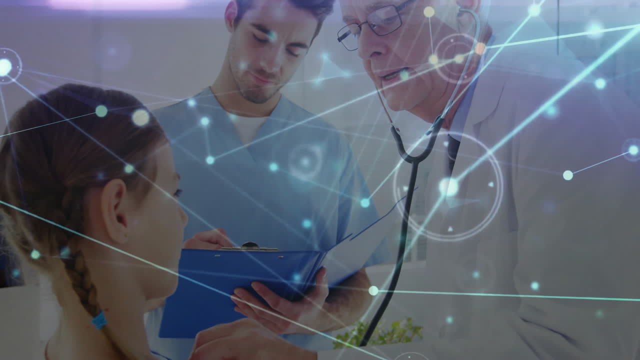 Data processing animation over medical professionals and patient in hospital setting