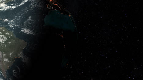 CGI-Composite:-Planet-Erde,-Rotierender-Bildschirm-Nach-Links,-Halb-Beleuchtet-Mit-Sternenklarem-Hintergrund