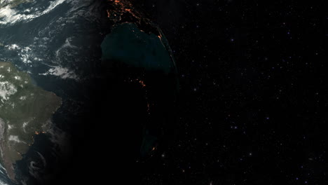 cgi composite: planet earth rotating screen-left, half lit with a starry background