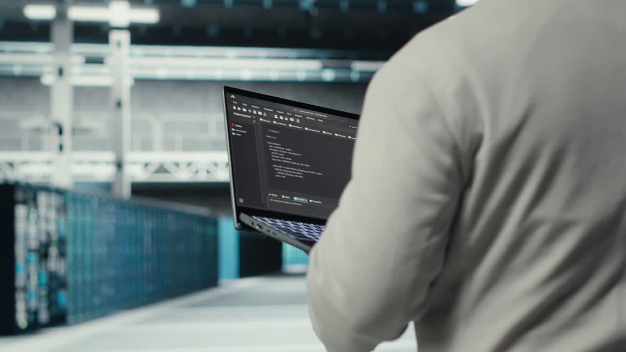 Vertical video Engineer walking in data center using device to configure hardware