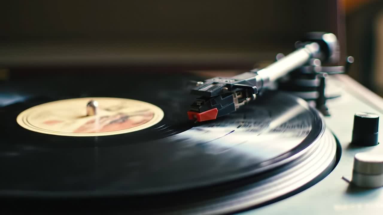 A close-up view of a vinyl record spinning on a turntable, capturing the essence of analog music. The warm ambiance invites relaxation and deep listening to classic tunes.