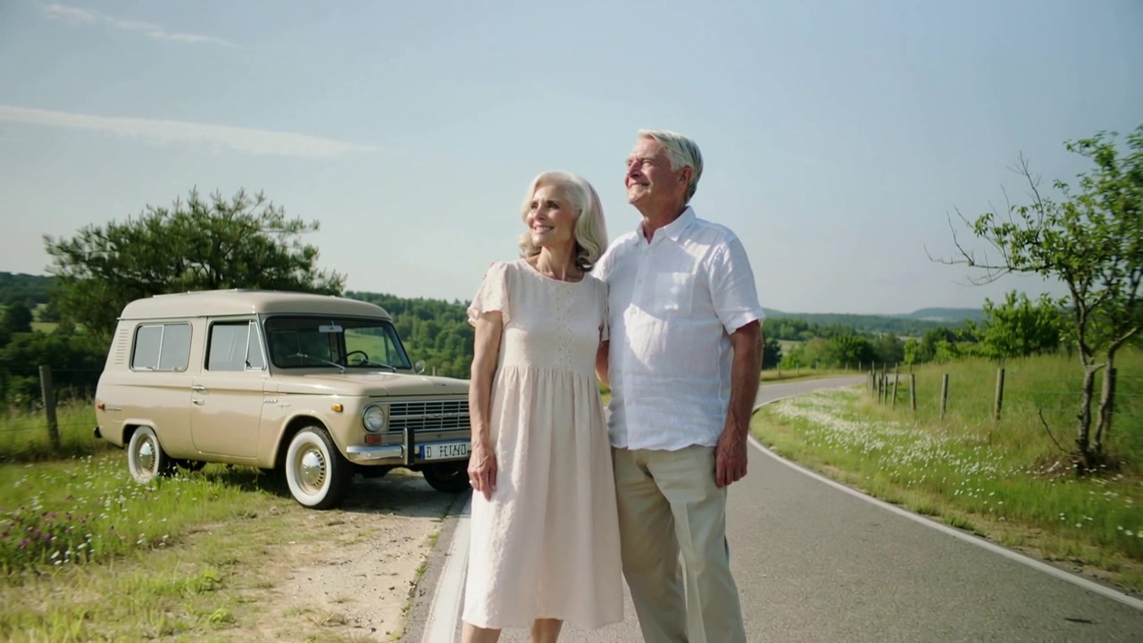 Pareja tirando de un carro vintage en un camino rural, con vestido claro y camisa blanca, abrazándose en un paseo de ocio.