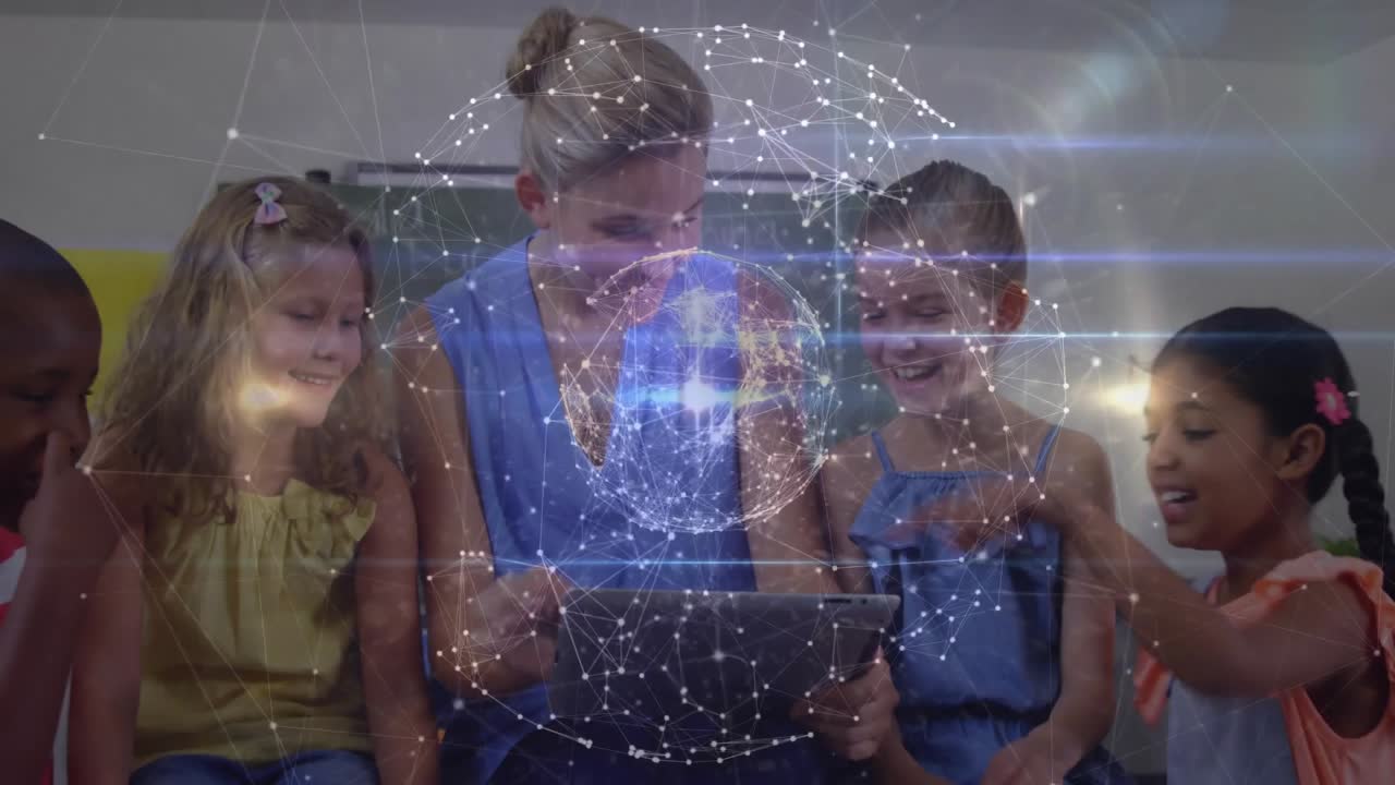Insegnante che scorre il tablet per l'istruzione e guida gli studenti che toccano le icone mentre un globo di rete pulsa.